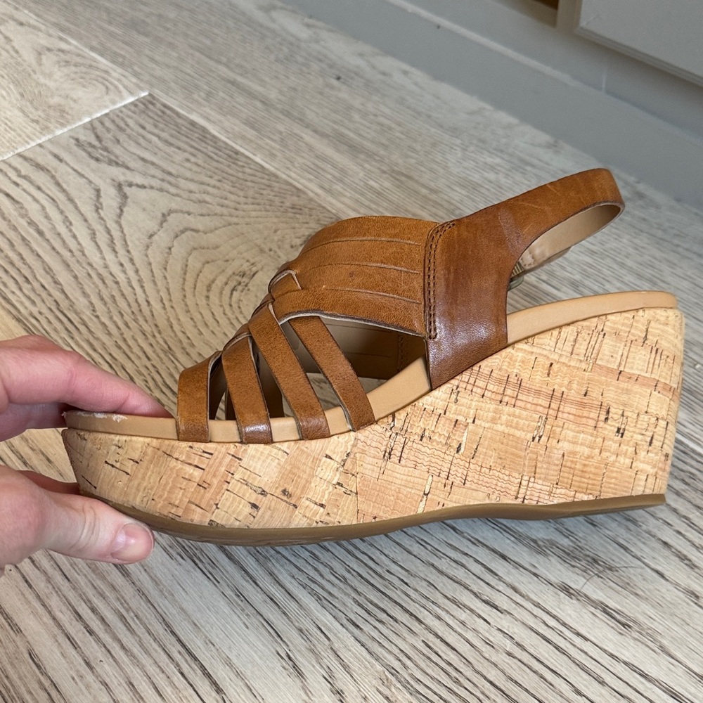 Kork-Ease Cognac Brown Leather Wedge Sandals